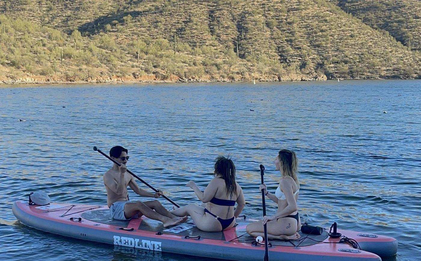 Friends on a Redline paddleboard at Saguaro Lake